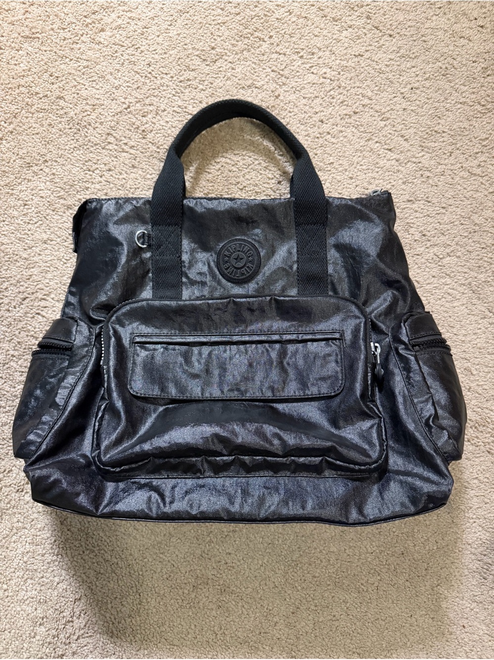Kipling Alvy Shiny Black Nylon Duffel Bag Backpack Tote Bag